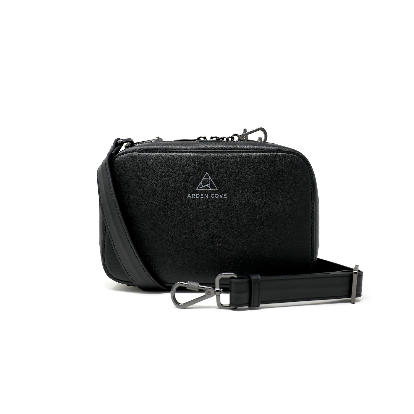 Anti-theft Water-resistant Travel Crossbody - Elise Crossbody in Black Gunmetal with slash-resistant wide faux leather & locking clasps straps - front view - Arden Cove