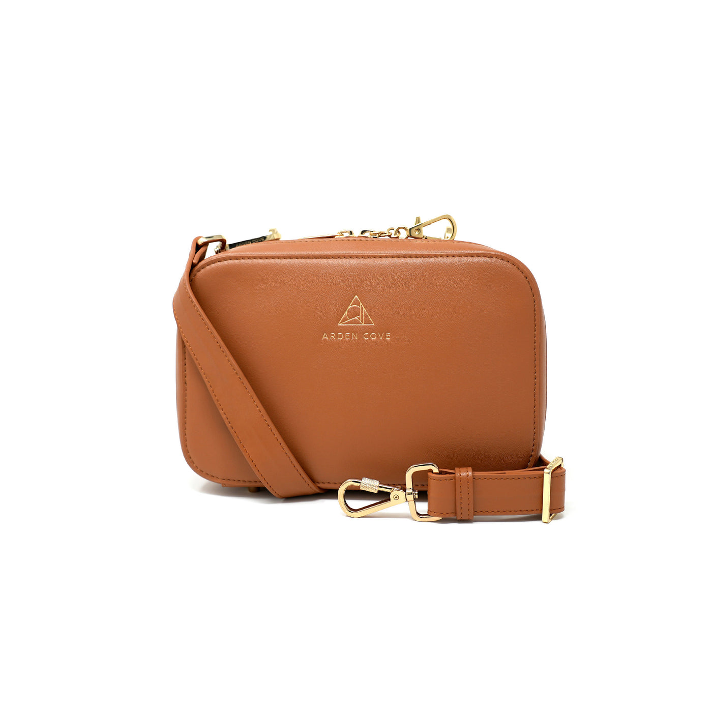 Anti-theft Water-resistant Travel Crossbody - Elise Crossbody in Brown Gold with slash-resistant wide faux leather & locking clasps straps - front view - Arden Cove
