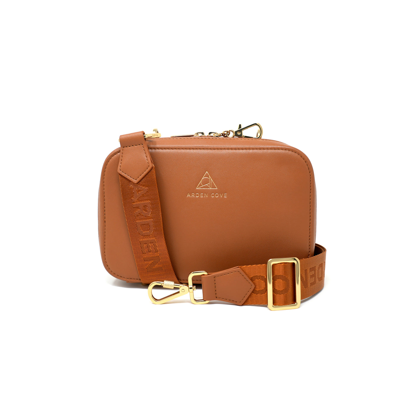 Anti-theft Water-resistant Travel Crossbody - Elise Crossbody in Brown Gold with nylon jacquard & locking clasps straps - front view - Arden Cove