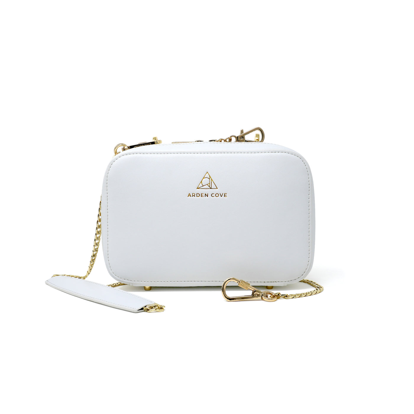 Anti-theft Water-resistant Travel Crossbody - Elise Crossbody in White Gold with slash-resistant chain & locking clasps straps - front view - Arden Cove