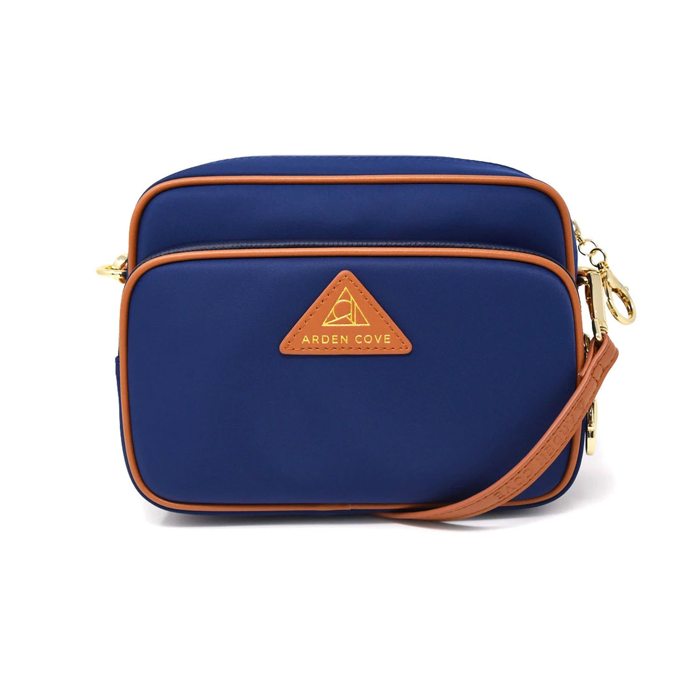 Anti-theft Water-resistant Travel Crossbody - Crissy Full Crossbody in Navy Gold with slash-resistant faux leather & classic clasps straps - front view - Arden Cove