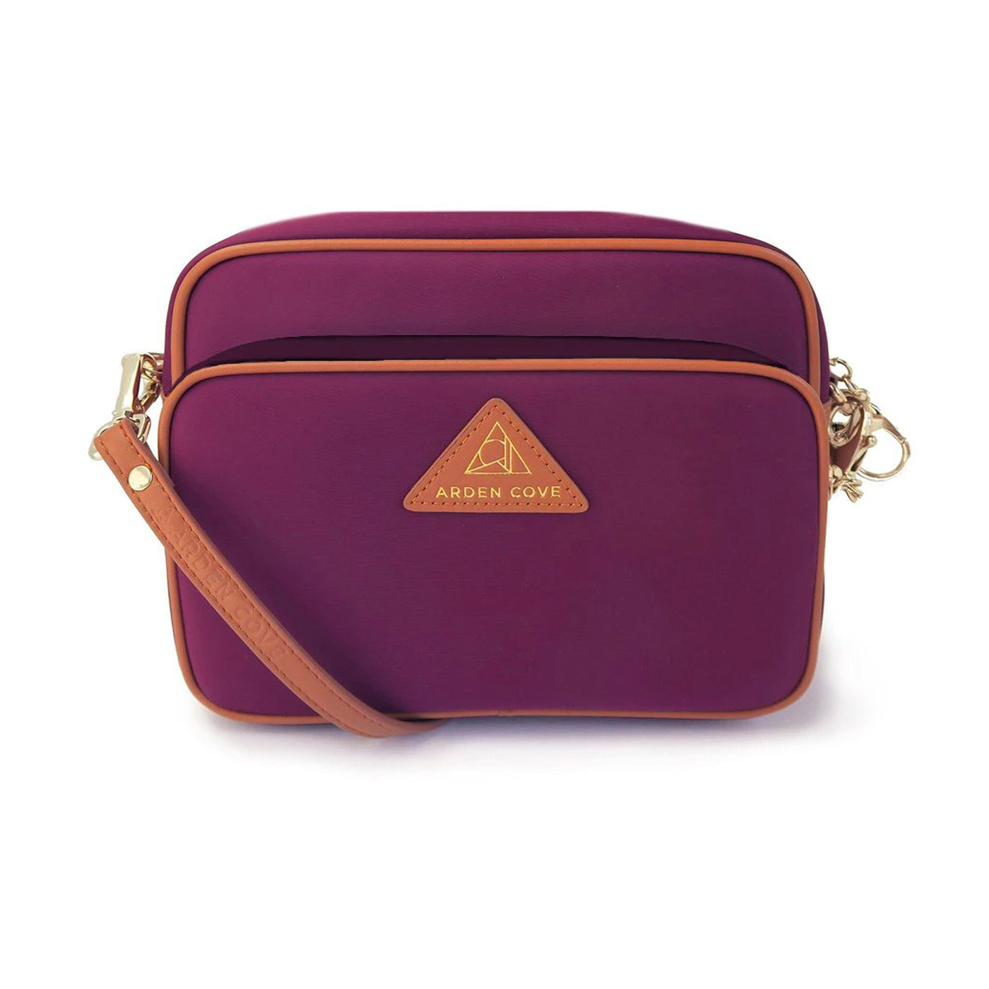 Anti-theft Water-resistant Travel Crossbody - Crissy Full Crossbody in Maroon Gold with slash-resistant faux leather & classic clasps straps - front view - Arden Cove