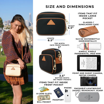 Size and dimsentions of the Crissy Full Crossbody Locking Hardware, what fits inside: Waterbottle, sunglasses / glasses case, kindle, iPad Mini