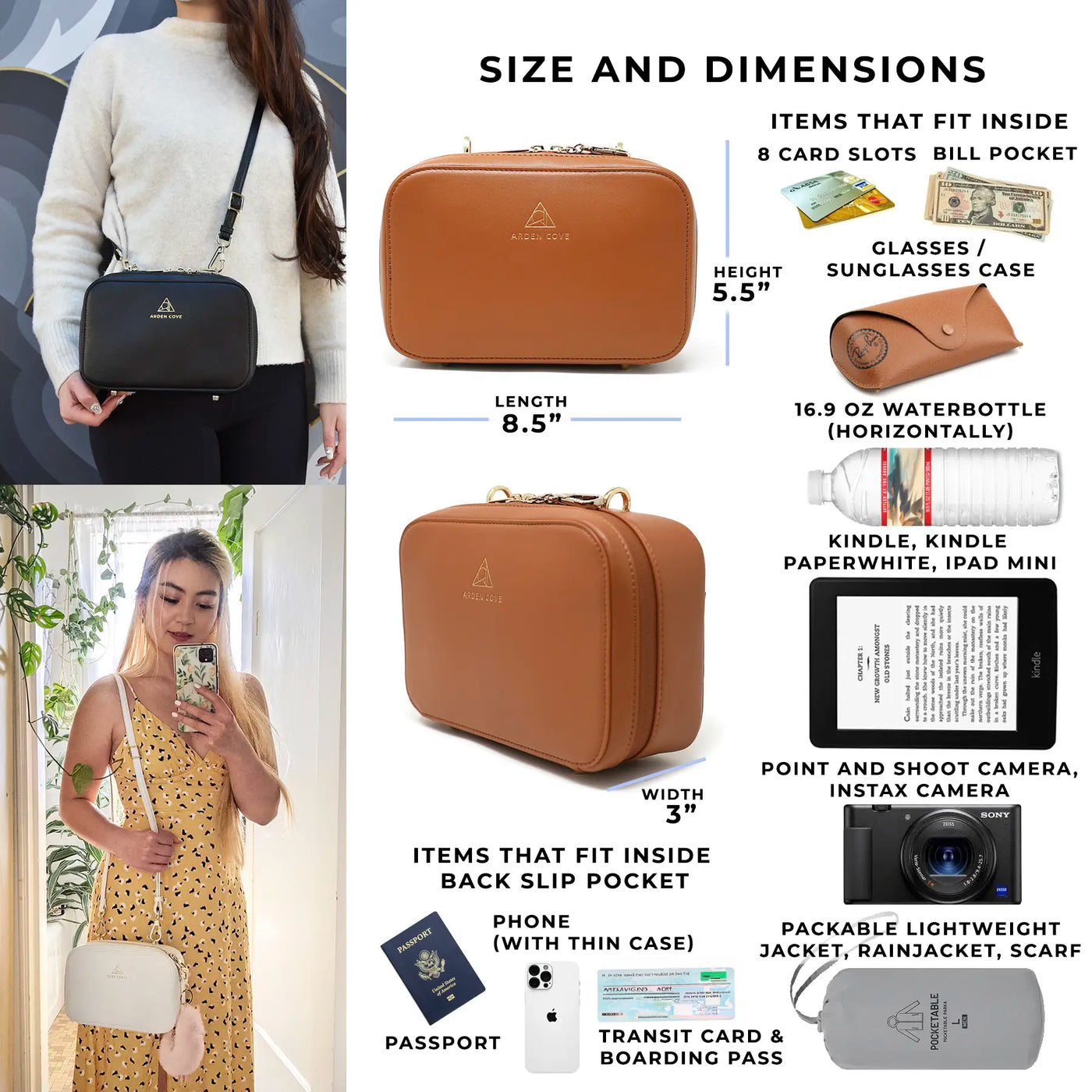 Size and Dimensions of Elise Crossbody what fits inside Kindle Waterbottle