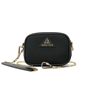 Anti-theft Water-resistant Travel Crossbody - Crissy Mini Crossbody in Black Gold with slash-resistant chain & locking clasps straps - front view - Arden Cove