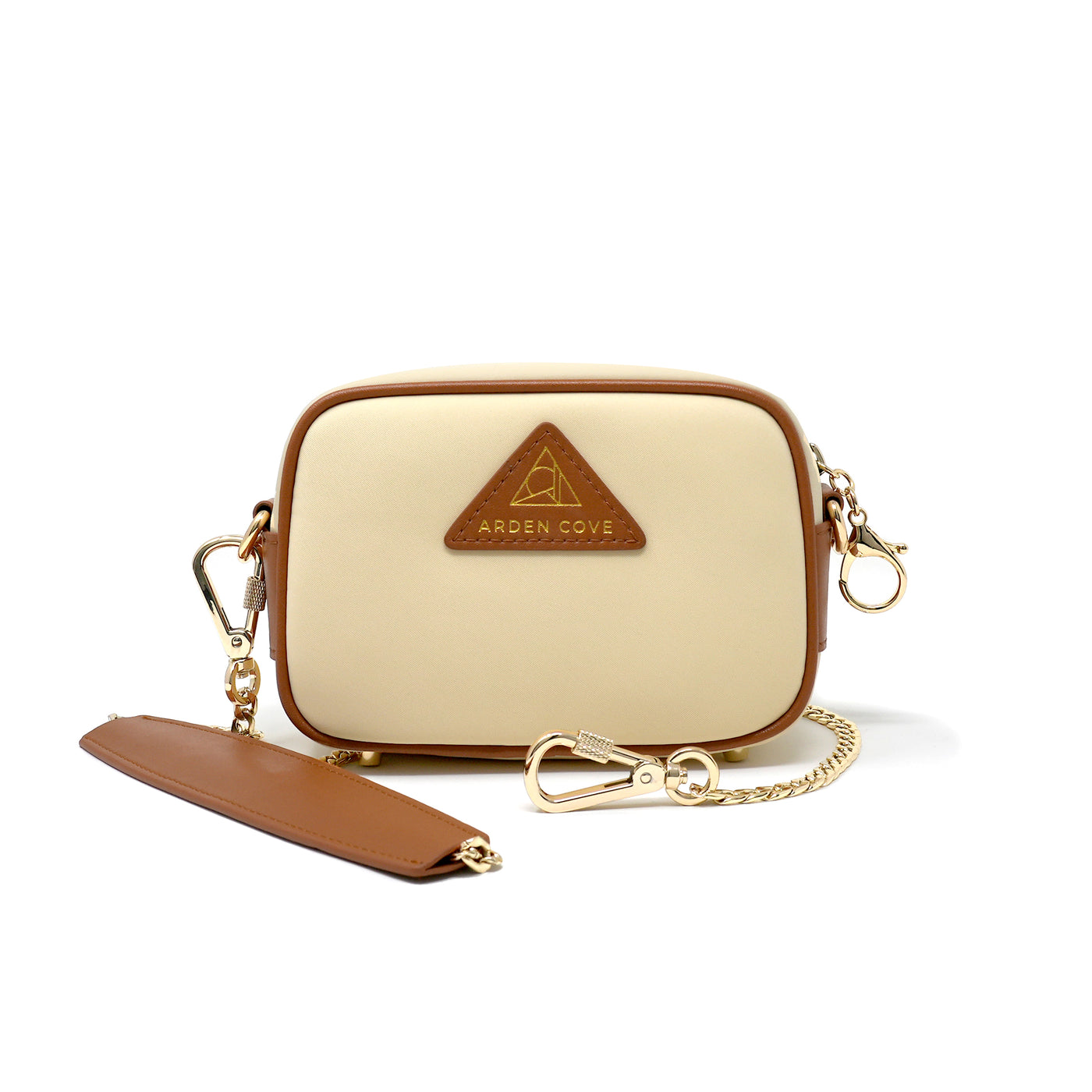Anti-theft Water-resistant Travel Crossbody - Crissy Mini Crossbody in Cream Gold with slash-resistant chain & locking clasps straps - front view - Arden Cove
