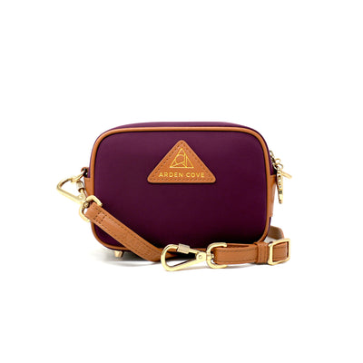 Anti-theft Water-resistant Travel Crossbody - Crissy Mini Crossbody in Maroon Gold with slash-resistant faux leather & locking clasps straps - front view - Arden Cove