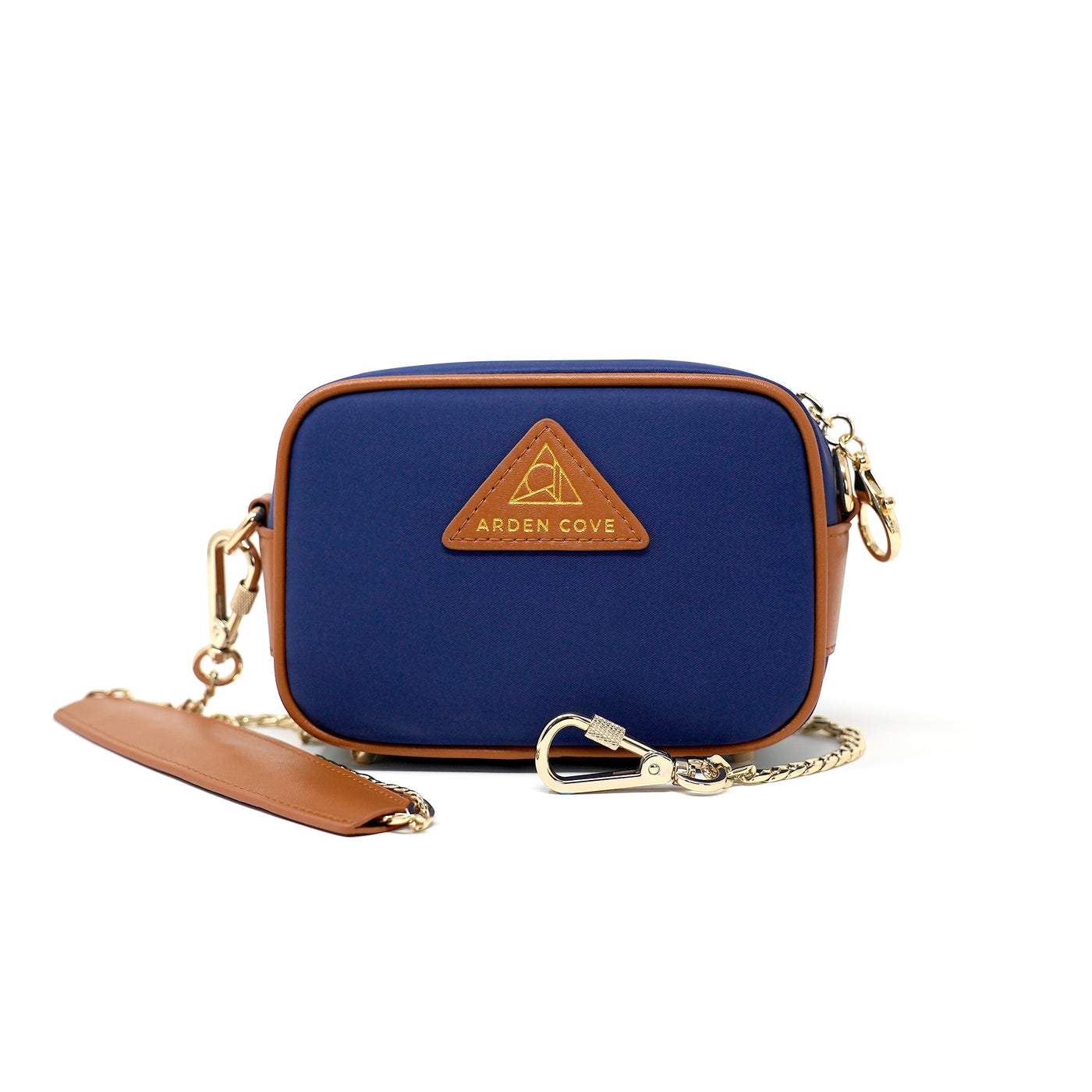 Anti-theft Water-resistant Travel Crossbody - Crissy Mini Crossbody in Navy Gold with slash-resistant chain & locking clasps straps - front view - Arden Cove