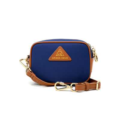 Anti-theft Water-resistant Travel Crossbody - Crissy Mini Crossbody in Navy Gold with slash-resistant faux leather & locking clasps straps - front view - Arden Cove