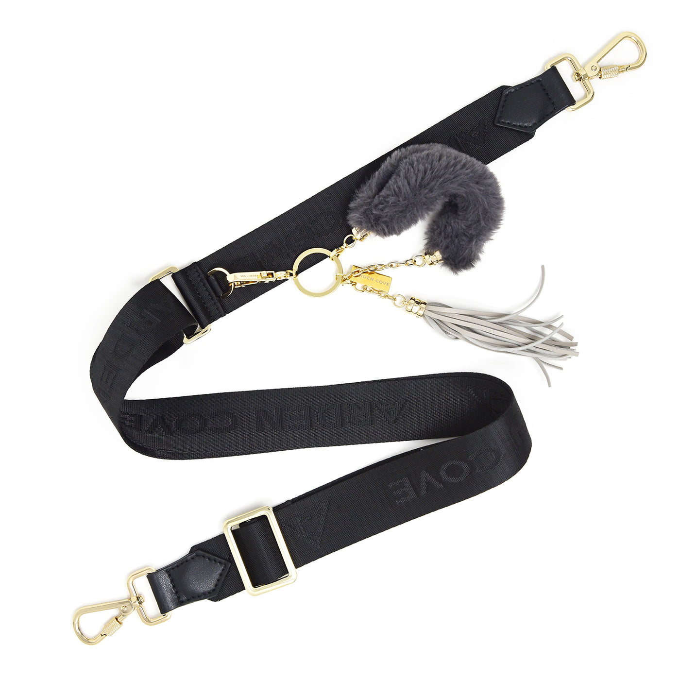 Jacquard Short Strap Black Gold Modeled with Keychain Fuzzy Bracelet
