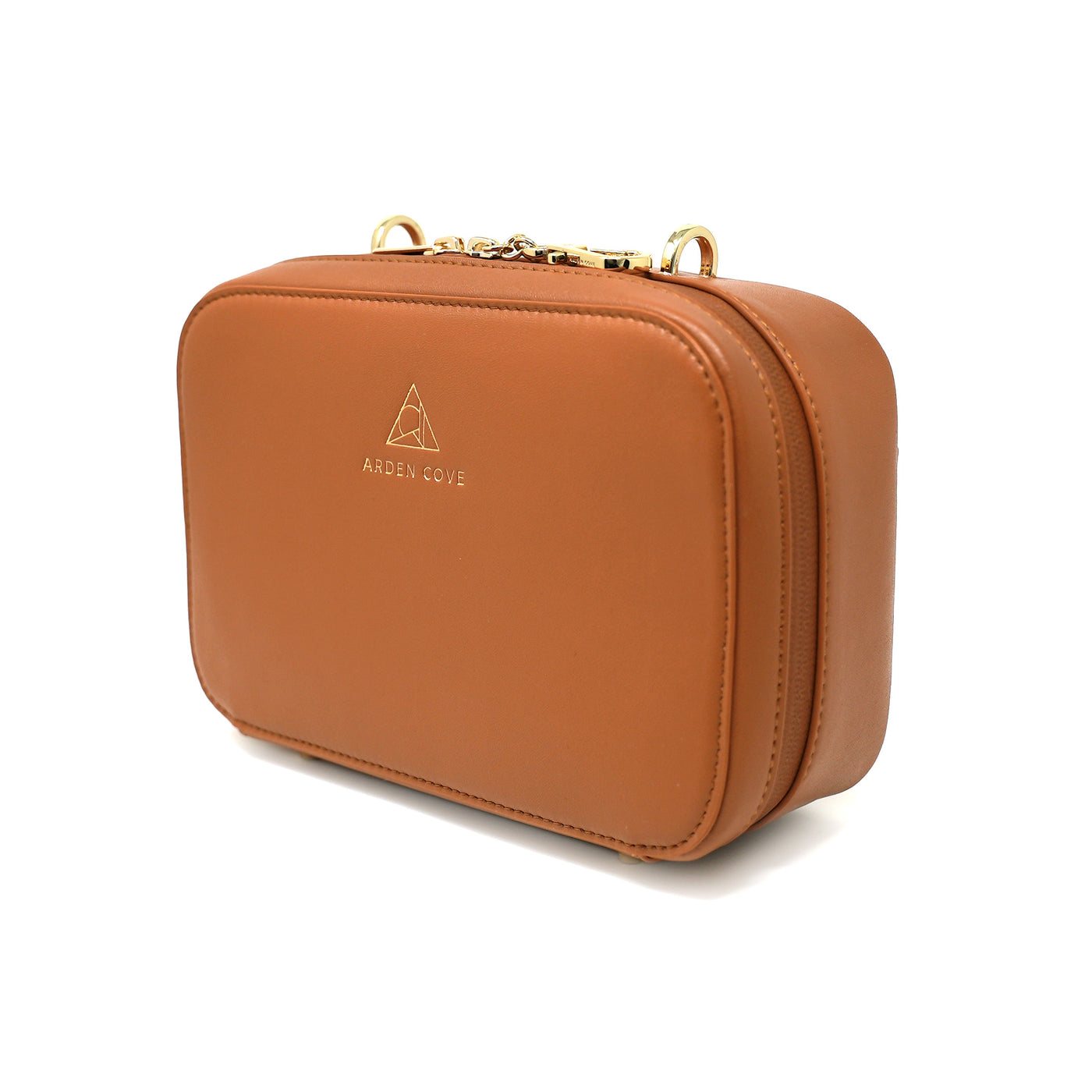Anti-theft Water-resistant Travel Crossbody - Elise Crossbody in Brown Gold with slash-resistant faux leather & locking clasps straps - front side view - Arden Cove