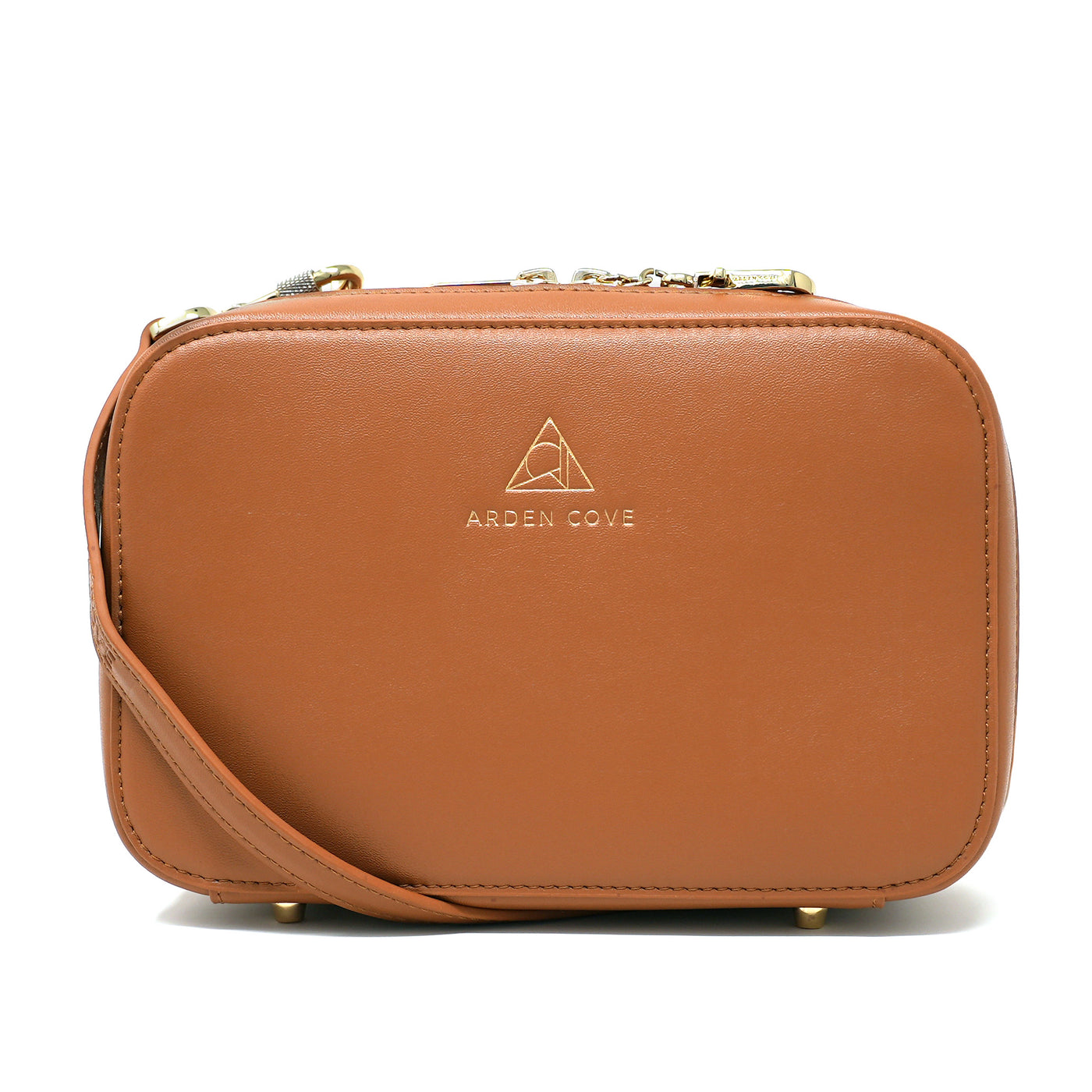 Anti-theft Water-resistant Travel Crossbody - Elise Crossbody in Brown Gold with slash-resistant faux leather & locking clasps straps - front view - Arden Cove