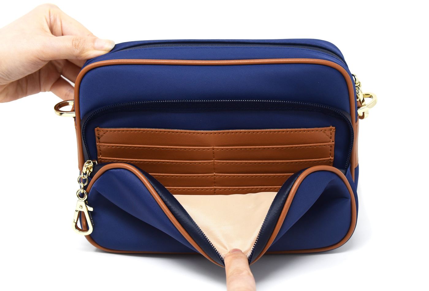 Crissy Full Crossbody with Faux Leather Locking Strap Navy Gold Front Wallet View