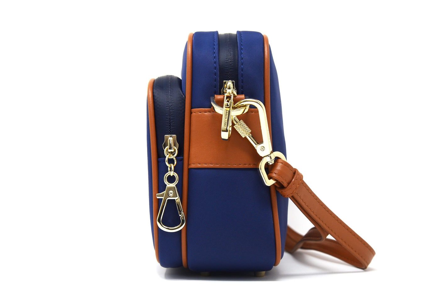 Crissy Full Crossbody with Faux Leather Locking Strap Navy Gold Side View