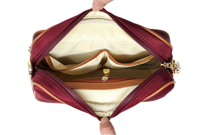 Crissy Full Crossbody with Faux Leather Locking Strap Red Gold Top Opened View
