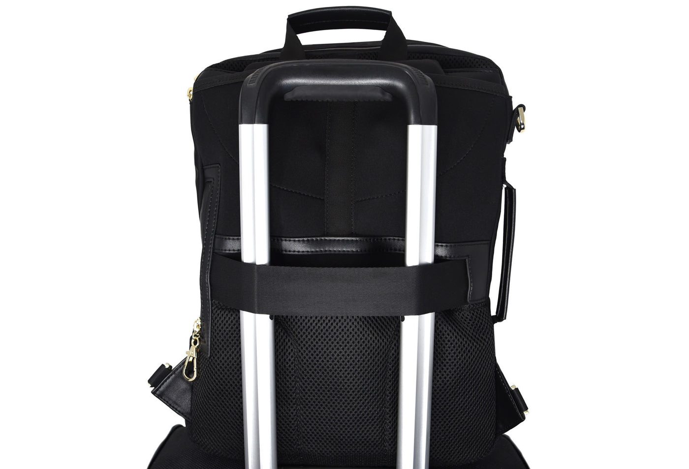 MB Packing Backpack Black Gold Back View Modeling Luggage Strap