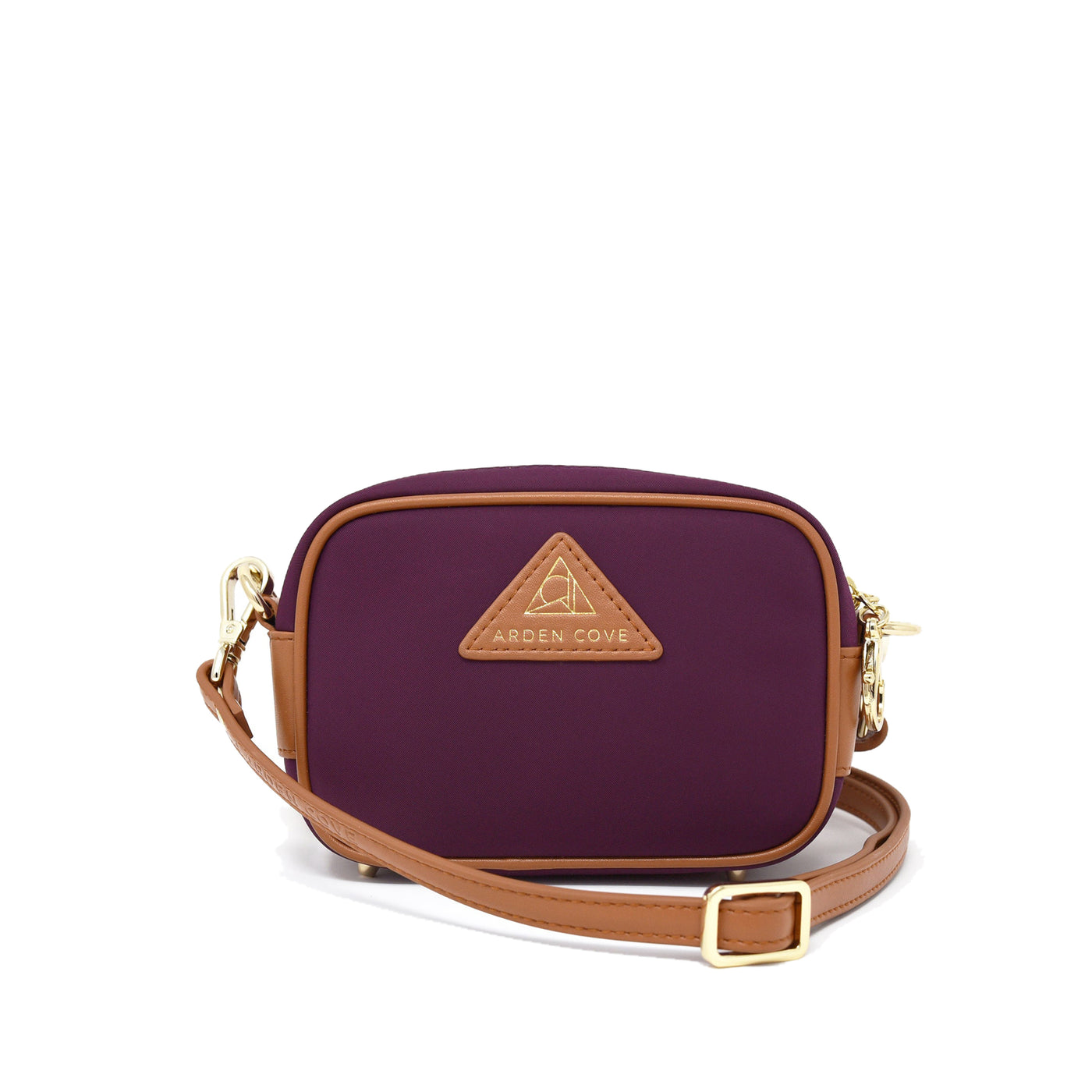 Anti-theft Water-resistant Travel Crossbody - Crissy Mini Crossbody in Maroon Gold with slash-resistant faux leather & classic clasps straps - front view - Arden Cove