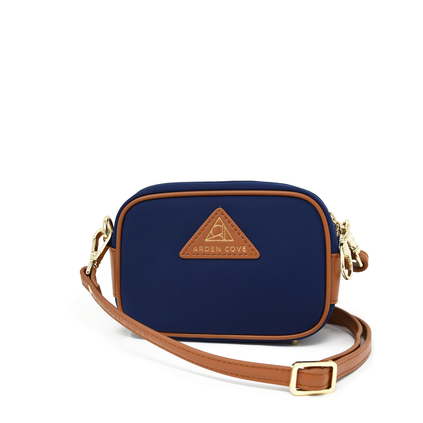 Anti-theft Water-resistant Travel Crossbody - Crissy Mini Crossbody in Navy Gold with slash-resistant faux leather & classic clasps straps - front view - Arden Cove