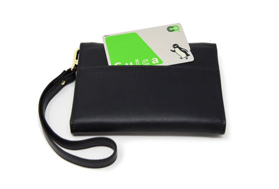 Kelso RFID-blocking Passport Pouch Black Gold Back View modeled with card