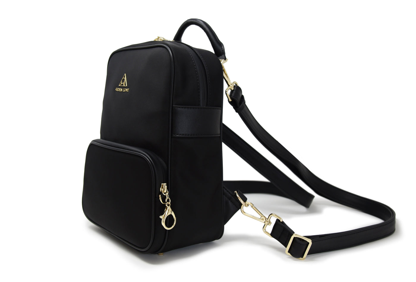 Carmel Convertible Backpack Wide Strap Classic Black Gold Side View